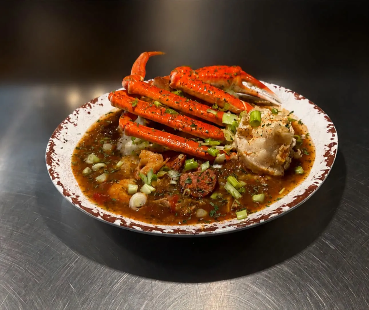 Gumbo topped with snow crab legs